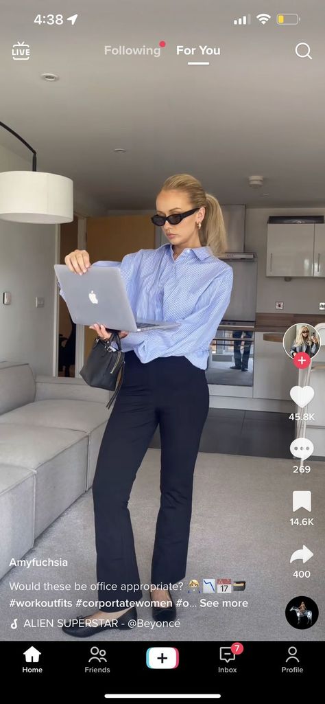 blue button down, black flare work pants, black ballet flats, cute slick back ponytail Cute Slick Back Ponytail, Ponytail Outfit, Flare Work Pants, Slick Back Ponytail, Back Ponytail, Slick Ponytail, Slicked Back Ponytail, Icon Style, Black Ballet