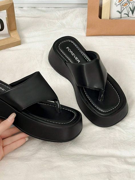 Fashionable Casual Women Summer Beach Slippers Thick Bottom Flip Flops With Toe Wedge Platform For Height Increase 2024 New Style | SHEIN USA Shein Flip Flops, Girly Sandals, Slippers Aesthetic, Sandals Aesthetic, High Heel Flip Flops, Wardrobe Aesthetic, Slippers Outfit, Cool Slides, Heeled Flip Flops