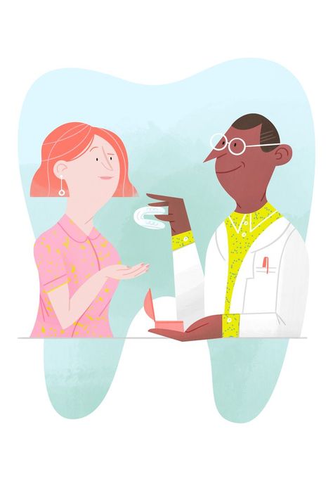 In a September 2021 Reader’s Digest article about bruxism—aka grinding your teeth—Valéry created a quarter-page illustration. The article speaks of ways to deal with the problem and Valéry’s bright, friendly work depicts one of the most common solutions. In the image, a dentist shows his patient her new mouthguard. This project marks Valery’s first feature in the publication. While creating the work was a welcome challenge, Valéry wouldn't call it a grind. Art direction — Danielle Sayer Dentist Illustration, Dentist Art, Back To The Grind, The Grind, Illustration Digital, Editorial Illustration, Freelancing Jobs, Graphic Design Illustration, Art Direction