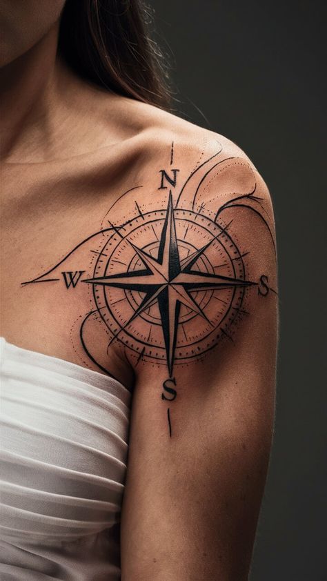 15 Stunning Travel Tattoo Ideas to Inspire Your Wanderlust Planes Tattoo Ideas, Womens Compass Tattoo, Nautical Compass Tattoo Men, Clock Compass Tattoo Design, Compass Rose Tattoo Feminine, Compass Sleeve Tattoo, Northstar Tattoo, Aruba Tattoo, Rose Compass Tattoo