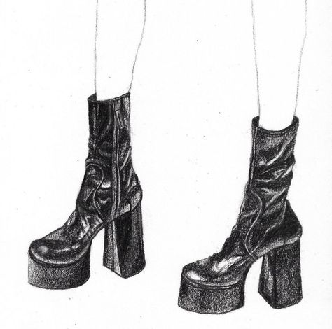 Boots Illustration Fashion, Platform Boots Drawing, Platform Shoes Drawing, Boots Sketch, Drawing Boots, Boot Drawing, Boots Drawing, Fashion Learning, Black Fur Boots