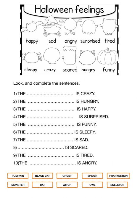 Ejercicio de Halloween feelings Halloween Esl Printables, Halloween Therapy Worksheet, Halloween English Activities, Halloween Emotions, Halloween Esl, Halloween Worksheets Preschool, Halloween Worksheets For Kids, Halloween Lyrics, English Classes For Kids