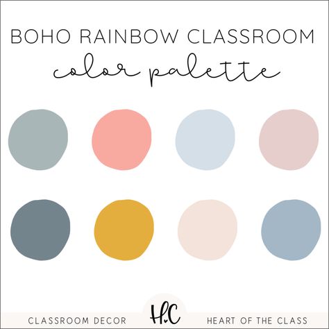 Cheerful and calming classroom color palette from the Boho Rainbow Classroom Decor collection. Designed by Heart of the Class. Boho Rainbow Office Decor, Boho Rainbow Preschool Classroom, Kindergarten Classroom Rainbow Theme, Boho Classroom Decor Ideas Preschool, Muted Rainbow Classroom, Rainbow Boho Classroom, Pinterest Classroom, Classroom Color Scheme, Classroom Colors