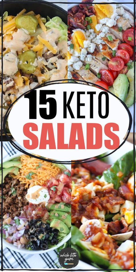 15 keto salad recipes that are great as a healthy lunch or dinner. You'll love these hearty keto salads like taco, cobb, broccoli, bic mac, and more! Keto Dinner Salads, Ridiculously Big Salad, Ridiculously Big Salad Recipes, Healthy Chopped Salad Recipes Low Carb, Big Salad Recipes Healthy, Eat Like A Bear Salad Recipes, Keto Salads Recipes For Dinner, No Carb Salad Recipes, Eat Like A Bear Recipes