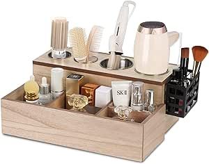 TRSPCWR Hair Tool Organizer, Wooden Hair Dryer and Styling Organizer, Bathroom Countertop Blow Dryer Holder with Side Basket, Vanity Caddy Storage Stand for Accessories, Makeup, Toiletries Side Basket, Blow Dryer Holder, Organize Bathroom Countertop, Hair Tool Organizer, Organizer Bathroom, Hair Tool, Hair Dryer Holder, Countertop Storage, Bathroom Countertop