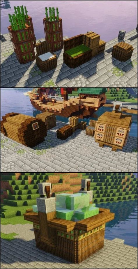 Minecraft Fish Market Ideas, Fisherman House Minecraft Ideas, Minecraft Dock Decoration, Docks Minecraft Ideas, Minecraft Medieval Interior Ideas, Mining Area Minecraft Ideas, Minecraft Docks Medieval, Minecraft Message Board, Minecraft Villager Ideas