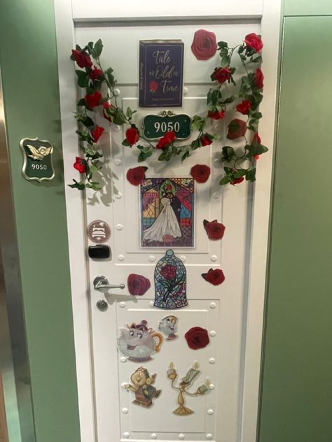 Customized beauty and the beast themed door decorations I made for our disney wish cruise to the bahamas! I used magnets, a rose wreath, and battery powered twinkly lights! Disney Wish Cruise Door Decorations, Disney Wish Door Decorations, Beauty And The Beast Door Decorations, Disney Cruise Door Decorations Ideas, Themed Door Decorations, Disney Window Decoration, Cruise Doors, Disney Wish Cruise, Disney Cruse