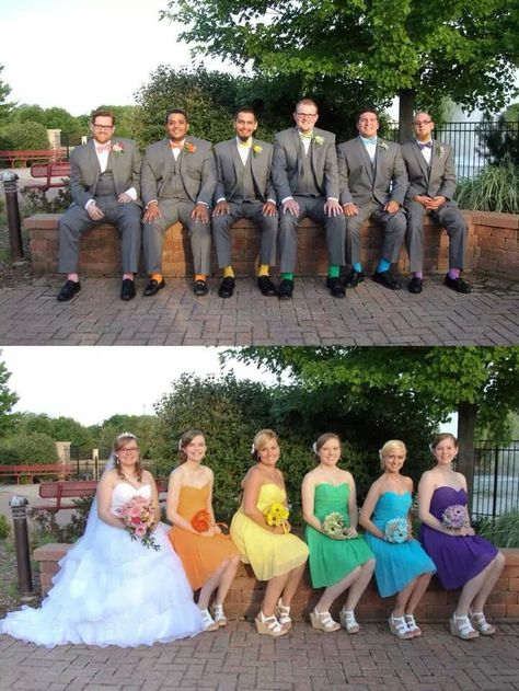 Rainbow wedding Rainbow Wedding Groomsmen, Rainbow Color Bridesmaid Dresses, Rainbow Wedding Dresses, Multi Color Groomsmen Attire, Rainbow Groomsmen, Multicolor Wedding Theme, Groomsmen Colorful, Rainbow Theme Wedding, Rainbow Wedding Decor