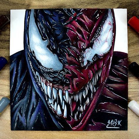 Drawing Venom and Carnage with colored pencils ✔️ video is on YouTube : He3x Art #painting #art #artwork #drawing #venom #venom2 #carnage #venomvscarnage #venomandcarnage #venomart #carnageart #He3xArt Venom And Carnage Tattoo, Venom And Carnage Drawing, Carnage Drawing, Prismacolor Reference, Venom Reference, Venom Painting, How To Draw Venom, Venom Vs Carnage, Venom And Carnage