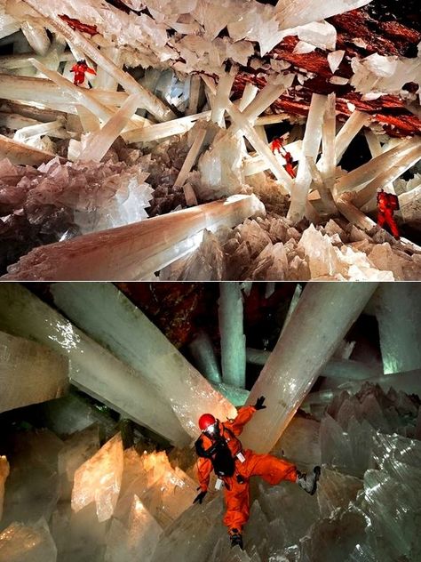 The Giant Crystal Cave of Mexico :  It's 50oC and has a humidity of 100%, less than a couple of hundred people have been inside and it's so deadly that even with respirators and suits of ice you can only survive for 20 minutes before your body starts to fail. It’s the nearest thing to visiting another planet – it’s going deep inside our own. Finding Crystals, Giant Crystal, Paradise Places, Crystal Cave, The Cave, Minerals And Gemstones, Rocks And Gems, Environment Concept Art, Gems And Minerals