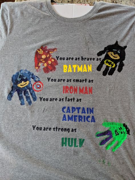 Kids superhero handprints with iron on words Handprint Shirt, Army Husband, Parent Teacher Meeting, Footprint Crafts, Handprint Crafts, Marvel Tshirt, Father's Day Diy, Fathers Day Crafts, Parents As Teachers