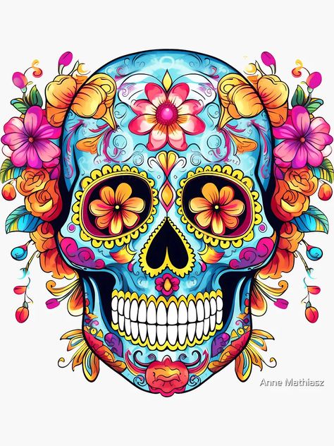 "Beautiful sugar skull, Mexican skull, flowers, Dia de los muertos" Sticker for Sale by Anne Mathiasz | Redbubble Mexican Art Design, Sugar Skull Drawings, Skull Mexican Art, Sugar Skull Painting Ideas, Sugar Skull Ideas, Mexican Skull Painting, Mexican Skull Art, Mexican Sugar Skull Art Beautiful, Day Of The Dead Skull Design