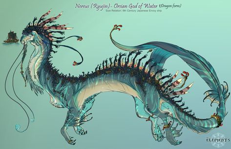 PRE-PRODUCTION: Managed to squeeze this guy in during this crazy busy schedule. Granted, its been in progress for a long time. But I'm quite content with its turn out. So, This is Nereus, the Orsia... Long Dragon Reference, Suijin Water God, Water Dragon Oc, Water Creatures Mythical, Sea Dragon Mythical, Horn Types, Water Dragon Drawing, Water Dragon Art, Sea Dragon Art