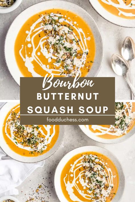 What is more reminiscent of autumn than a bowl of creamy, heart-warming bourbon butternut squash soup! My version of the fall flavored classic features 2 elements that take butternut squash soup from average to truly wow-worthy recipe: brown butter & bourbon! These two flavorful elements add a nutty, smoky, and caramelly sweet dimension to the already sweet, earthy flavors of Butternut Squash Soup. Sweet Butternut Squash Soup Recipes, Brie And Butternut Squash Soup, Butternut Squash Soup With Apple Cider, Butternut Squash And Brie Soup, Brie And Cheddar Butternut Squash Beer Soup, Butter Squash Soup, Recipe For Butternut Squash Soup, Autumn Squash Soup Recipe, Boudin Butternut Squash Soup Recipe