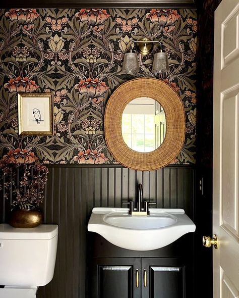 Opulent Small Bathroom, Small Guest Bathroom Ideas Wallpaper, Moody Bathroom Wainscotting, Moody Bathroom With Shower Curtain, Moody Water Closet, Dark Moody Bathroom Wallpaper, Moody Victorian Bathroom, Moody Bathroom No Window, Moody Kids Bathroom