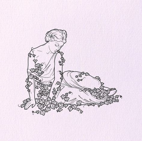 Illustrative Linework Tattoo, Statue Line Art, Book Art Ideas, Ivy Illustration, Ivy Drawing, Greek Statue Tattoo, Spring Tattoo, Spring Illustrations, Ivy Tattoo