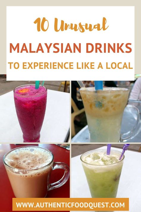 "Malaysia has an amazing culture of unique Malaysian drinks and juices. These unique local Malaysian drinks have eye-catching names and colors. Malaysia is a multicultural country with wonderful culinary traditions from Malay, Chinese and Indians. Malaysian drinks reflect the multi-ethnic makeup of its population. From Teh-Tarik, Malaysian Pulled Tea, to Bandang juice, quench your thirst to these 10 Malaysian drinks | Authentic Food Quest" Malaysian Appetizer, Malaysian Drinks, Malaysian Snacks, Malaysian Food Desserts, Ethnic Makeup, Malaysian Recipes, Teh Tarik, Tea Drink Recipes, Country Recipes