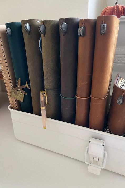 @JournalWithJas: Traveler's Notebook in Toyo Steel Box 📔✨ @JournalWithJas demonstrates how to neatly store your traveler's notebook in the Toyo Steel Box. Streamline your stationery setup with style. #stationeryorganization #travelersnotebook #organizationtips #stationerylove #journalingcommunity Travelers Notebook Setup, Cute Box, Stationery Organization, Travelers Notebook, Tool Box, Metal Working, Notebook, Stationery, Travel