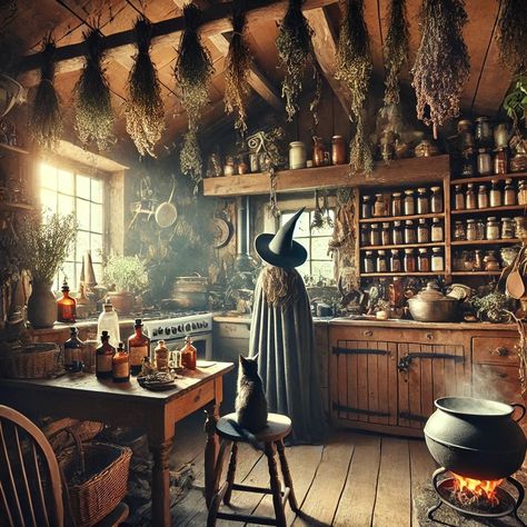 #witchcraft #kitchenwitch #magic #witches #witchaesthetic Halloween Coven Decorations, Rustic Witch Aesthetic, White Witch Home Decor, Moody Apothecary Aesthetic, Witches Cottage Aesthetic, Witch Aesthetic Apartment, Green Witch Cottage, Modern Witch House Aesthetic, House Witch Magic