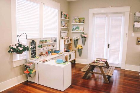 athomewithnatalie-playkitchen 1 Playroom With Kitchen Set, Playroom Kitchen And Market, Play Kitchen Counter Space, Playroom Kitchen Set Up, Kids Kitchen Set Up, Pretend Play Set Up, Play Kitchen Set Up Playrooms, Kids Kitchen Playroom, Kitchen Set For Kids