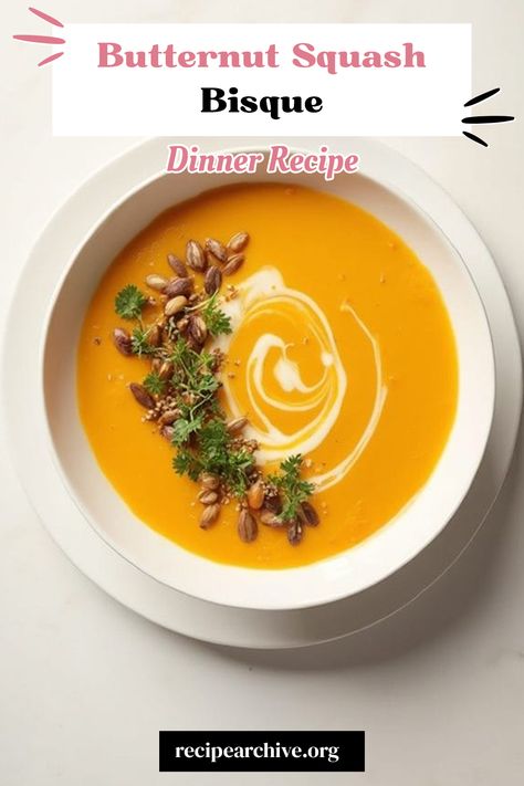 Butternut Squash Bisque Butternut Bisque, Easy Fall Soup Recipes, Soup Recipe Ideas, Squash Bisque, Spicy Lentil Soup, Roasted Vegetable Medley, Butternut Squash Bisque, Fall Soup, Seasonal Desserts