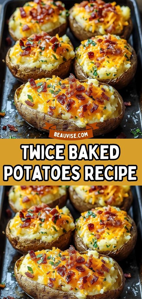 Twice Baked Potatoes are a timeless classic—a dish that perfectly combines comfort and elegance. Whether you’re hosting a family dinner, a holiday gathering, or simply looking for a satisfying side dish, this recipe is for you. With a crispy exterior, creamy interior, and a delicious mix of cheese, bacon, and scallions, these potatoes are guaranteed to please every palate. Let’s dive into how you can make this mouthwatering dish from scratch! #cooking #recipe #baking #dinner #tasty #desserts Triple Baked Potatoes, Dinner Sides Potato, Cheese Sauce Baked Potato, Dinner Recipes With Baked Potatoes, Twice Baked Potatoes No Sour Cream, Princess Potatoes Recipes, Drumstick Sides Dishes, Halved Baked Potatoes, Twice Baked Potatoes Easy Casseroles