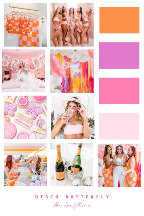 bachelorette party theme bach bash inspiration pink bachelorette party unique party theme trendy 2023 y2k disco 90s butterflies veuve beeverthine be boutique bachelorette outfits bach fits bride to be looks bridal looks  best scottsdale airbnb for parties how to throw a bachelorette party cookie designs fringe backdrops pink orange purple pool party wedding pool boys cabana boys disco ball photography satin robe the logan chef monique az daisy skirt set checkered dress balloon garland flowers Pink Purple Orange Birthday Party, Neon Disco Bachelorette Party, Pink And Purple Bachelorette Party, Groovy Disco Bachelorette Party, Retro Bachelorette Party Outfit, Butterfly Bachelorette Party, Retro Bachelorette Party Decor, Retro Party Aesthetic, Pink Orange Bachelorette