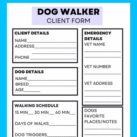 "Dog Walking Business Form | Dog Client Consent Form Dog walking forms that are designed to help you stay organized while working with pets. They can be used in a store or for a mobile business. You will receive an instant download of one high resolution 8.5\" X 11\" PDF File. - This is a digital file only. You will not be shipped any physical product. - Once your payment has been processed, you will receive an e-mail with a link to download your digital file. - Download, Save, and Print as many Dog Walking Forms, How To Start A Dog Walking Business, Dog Walking Business Flyers, Dog Walking Business Names, Pet Sitting Flyer, Dog Walker Business Cards, Dog Services, Dog Sitting Business, Dog Brands