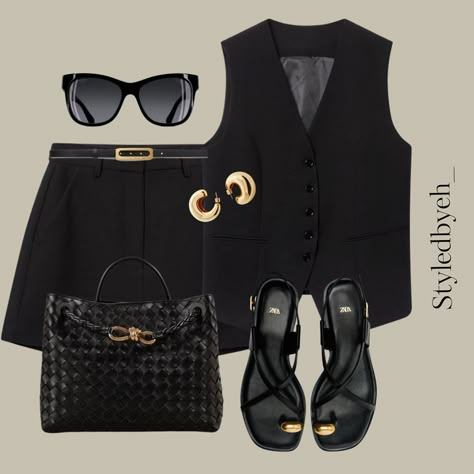 An all black outfit with hints of gold ✨ Will link all in June highlights #waistcoat #coord #workwearstyle #workwearinspiration #outfitinspo #outfitideas #VirtualStyling #HighStreetFashion #styleguide #outfits #capsuleoutfitideas #trendingoutfits #fashionblogger #stylepost #stylingtips #spingsummer24 #springsummer #CapsuleWardrobe #under5k #stylink #becauseofalice #zara #weekendfashion #summerstyle Style Black Waistcoat, Graduation Guest Outfit Casual, Black Trouser Shorts Outfit, Pinterest Trends, Waistcoat Outfit, Workwear Fashion, Looks Black, Virtual Fashion, All Black Outfit