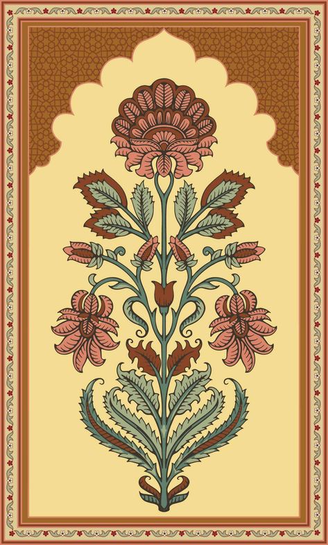 Mughal Floral Miniature Painting. Template for greeting card or invitation in oriental style. Mughal Art Motifs Design, Mughal Art Motifs, Mughal Prints, India Illustration, Mughal Motifs, Ribbon Wallpaper, Plant Paintings, Wedding Illustration Card, Mughal Miniature Paintings