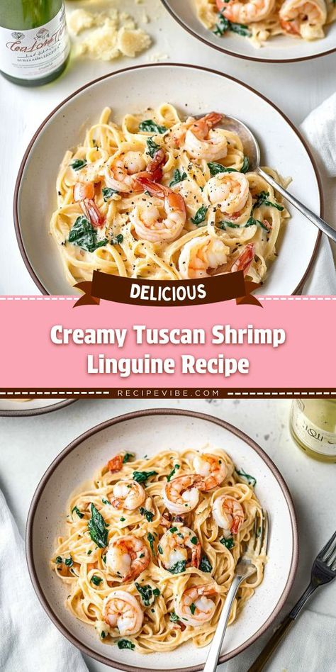 Searching for the ultimate seafood dinner idea? This Creamy Tuscan Shrimp Linguine offers a perfect balance of creamy goodness and fresh ingredients. Remember to save this recipe for later—your family will be asking for it again and again! Creamy Tuscan Shrimp Linguine, Creamy Tuscan Shrimp Pasta, Creamy Tuscan Shrimp, Shrimp Linguine Recipe, Shrimp Spinach Pasta, Creamy Shrimp Scampi, Tuscan Shrimp, Seafood Dinner Ideas, Shrimp Linguine