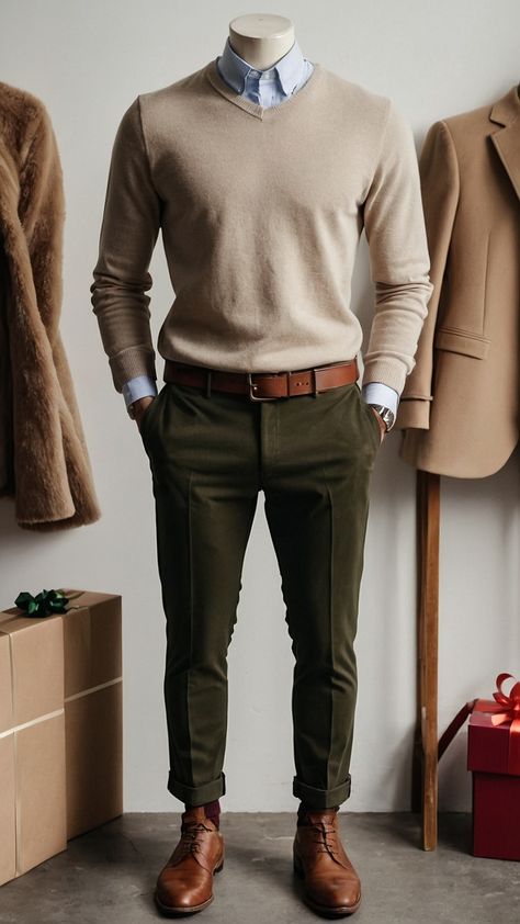 Discover trendy and stylish men's Christmas outfits for every occasion - classy formal casual black tie party formal casual formal classy and more Browse through a collection of pictures showcasing casual fashion styles for holiday parties in green Winter Fashion Men Outfits, Winter Formal Look Men, Men's Work Outfits, Tan Dress Shirt Men Outfit, Green Mens Fashion Aesthetic, Mens Clothing Styles Semi Formal, Mountain Business Casual, Men Jewel Tone Outfit, Formal Modern Outfit