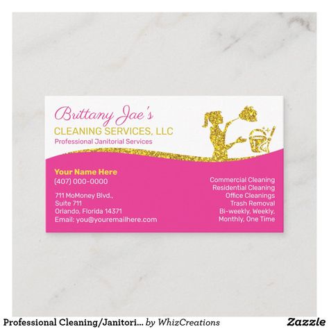 Professional Cleaning/Janitorial Housekeeping Serv Business Card House Cleaning Business, Business Cards Layout, Photo Business Cards, Janitorial Services, Residential Cleaning, Cleaning Business Cards, Cleaning Mops, Cleaning Business, Gold Text