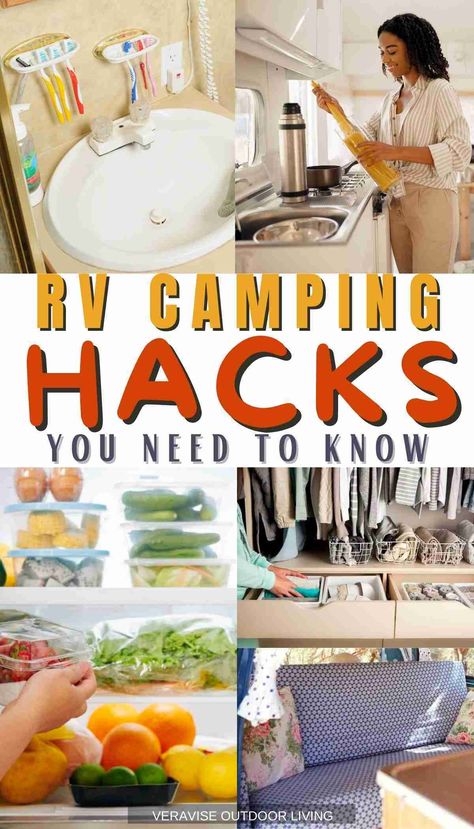 Camp Trailer Living, Tv Camping Hacks, Rv Camping Must Haves, Rv Kitchen Cabinets, Organize Rv, Rv Pantry, Camper Checklist, Camping Packing Hacks, Rv Camping Hacks