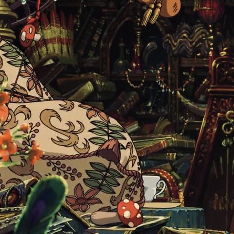 Howls Moving Castle Moodboard, Howls Bedroom Aesthetic, Howl's Bedroom Aesthetic, Howl Pendragon Room Aesthetic, Howls Moving Castle Maximalism, Howl's Moving Castle Aesthetic, Ghibli Interior Background, Howls Moving Castle Wallpaper, Howl's Moving Castle Howl