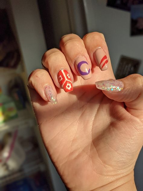 Inuyasha Nails Acrylic, Sesshomaru Nail Art, Inuyasha Inspired Nails, Anime Inspired Nails Simple, Sesshomaru Nails, Inuyasha Nail Art, Inuyasha Nails, Cute Spring Nail Ideas, Anime Inspired Nails