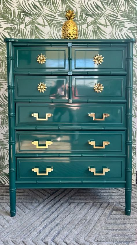 High Gloss Henry Link Faux Bamboo Dresser finished in high gloss lacquer in the color True Green by Sherwin Williams. Henry Link Bali Hai, Faux Bamboo Dresser, Bamboo Dresser, Green Dresser, Blue Dresser, Bali Hai, Lacquer Furniture, Benjamin Moore Colors, Bamboo Furniture