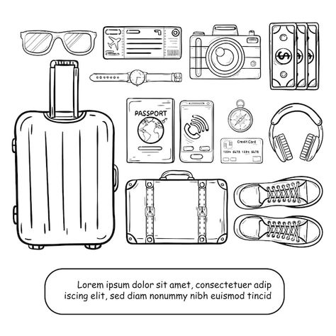 Vector doodle hand draw luggage and acce... | Premium Vector #Freepik #vector #travel-suitcase #travel-luggage #traveling-bag #travel-bag Vector Doodle, Travel Tickets, Drawing Accessories, Drawing Bag, Doodle Style, Hand Draw, Graphic Editing, Vector Photo, Travel Around The World