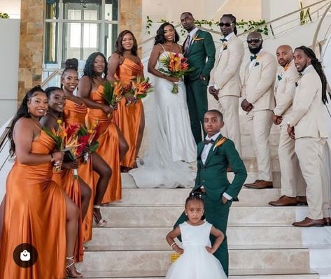 Brunt Orange Bridesmaids Dress, Emerald And Orange Wedding Theme, Wedding Ideas Bridal Party, Coral And Brown Wedding, African Wedding Color Schemes, Sienna Orange Wedding, Emerald Green And Mustard Yellow Wedding, Green Orange Gold Wedding, Wedding Colors For Black Couples