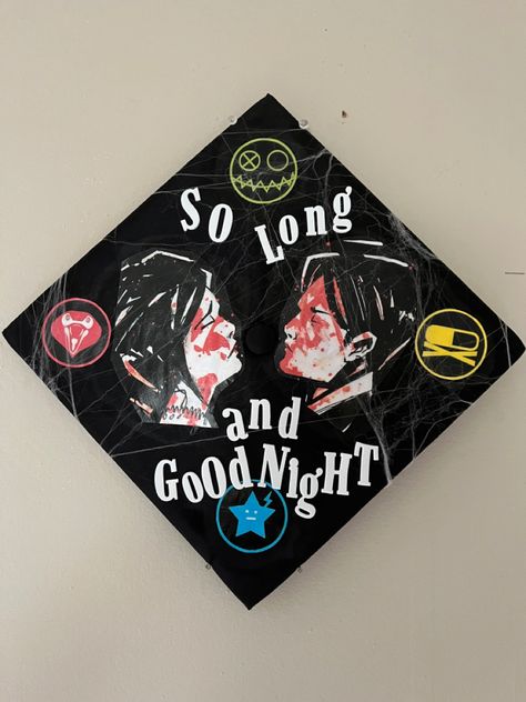 Deftones Graduation Cap, My Chemical Romance Graduation Cap, Life Is Strange Graduation Cap, Tvd Graduation Cap Ideas, Mcr Grad Cap, Pierce The Veil Graduation Cap, Emo Grad Cap, Horror Themed Graduation Caps, Senior Szn