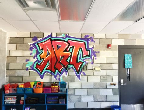 I painted this wall in my new Art Classroom. I painted multicolored blocks and added graffiti on top😊 Classroom Wall Painting, Classroom Walls Paint, Classroom Walls, Art Classroom, About Art, 5th Grade, Art Room, Classroom Decor, The Classroom