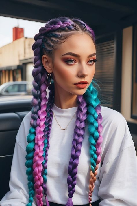 Electric Feels Party Outfit, Braided Hair Extensions Ideas, Colorful Braiding Hair, Braiding Hair With Extensions, Braids With Extra Hair, Colorful Braids Hairstyles, Burning Man Braids, Pride Braids, Big Braided Hairstyles