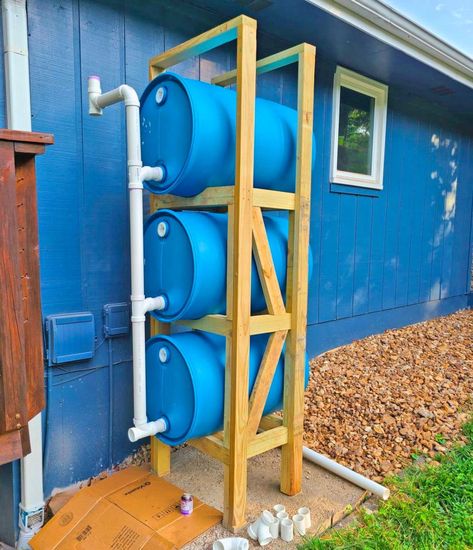 DIY Stacked Rain Barrel Rain Water Collection System Easy Rain Water Collection System, Rain Collection System Diy, Rain Barrel Diy, Rain Collection System, Rain Water Barrel, Rain Barrel Stand, Rain Barrel System, Diagram Drawing, Workflow Diagram