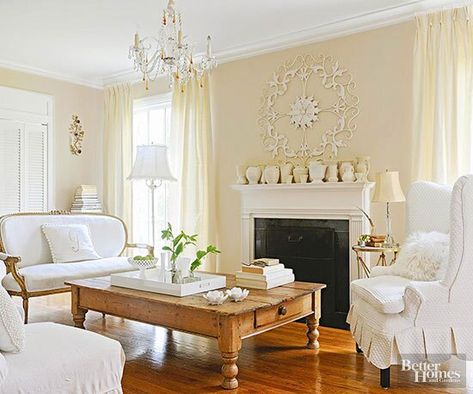 Yellow Walls Living Room, Distressed Wood Floors, Distressed Wood Table, Warm Wood Flooring, Rustic Wood Floors, Dining Room French, Living Room Wall Color, French Country Living Room, Yellow Living Room