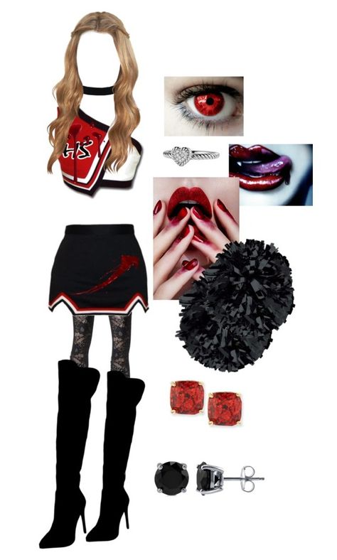 "sexy vampire cheerleader; Costume Party~🌸" by em-kpop ❤ liked on Polyvore featuring Pierre Mantoux, Elite, Atmos&Here, ChassÃ¨, David Yurman, Kate Spade and BERRICLE Vampire Cheerleader Costume, Vampire Cheerleader, Peacock Costume, Halloween 23, Stage Clothes, Fnaf Foxy, Cheerleader Costume, Play Outfit, Holloween Costume