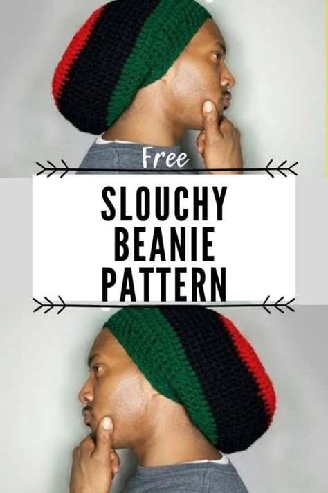 Men's Slouchy Beanie Crochet Pattern Free.  This pattern is just not for men or someone with dreadlocks. Trust me, since first creating this hat, I have made many for my bad hair days. This is a pattern everyone will love. It simple & perfect for the beginner crocheter. Free written pattern & video tutorial included #littlejohnsyarn #slouchybeanie #slouchyhat #crochethat #crochet #crochetrasta Rasta Hats Crochet, Dreadlock Beanie Crochet Pattern, Rasta Crochet Hat, Beanie Crochet Men, Mens Crochet Hats Free Pattern, Slouchy Beanie Crochet Pattern Free, Slouch Hat Pattern Free, Crochet Slouchy Hat Free Pattern, Rasta Crochet