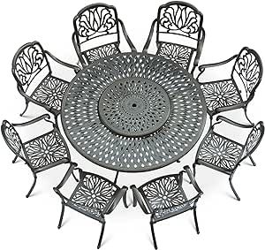 VIVIJASON 9-Piece Patio Furniture Dining Set, Rust-Free Cast Aluminum Outdoor Conversation Set, Include 8 Chairs & 61" Round Dining Table with 31" Lazy Susan, Umbrella Hole for Lawn Garden Cast Aluminum Patio Furniture, Patio Furniture Dining Set, Round Table And Chairs, Aluminum Patio Furniture, Outdoor Conversation Sets, Garden Dining, Perfect Dinner, Dining Furniture Sets, Aluminum Patio