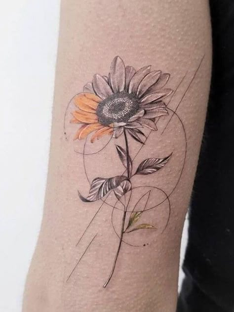 Sunflower Sunflower Tattoos Sleeve, Creative Sunflower Tattoo, Collarbone Sunflower Tattoo, Single Needle Sunflower Tattoo, Sunflower Design Tattoo, Cool Sunflower Tattoos, Geometric Sunflower Tattoo Design, Sunflower Back Tattoo Spine, Sunflower Tattoo With Stem