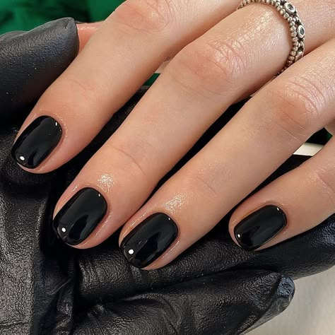 Black Nails One Different, Oval Short Black Nails, Black Nail Polish Short Nails, Black Nails Mid Length, Dark Nail Inspo Short, Simple Short Black Nails, Black Nails Natural Short, Very Short Black Nails, Black Gel Manicure Short