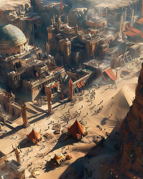 In the desert trading outpost of a distant planet, exploring the tent markets and thunder arena. #scifiart #scifiworld #scifilandscape #scificity #scifi #scififantasy #scifiartwork #scifigeek #digitalart #ai #midjourney Fantasy Kingdom Cities Desert, Sumerian Architecture, Desert City Concept Art Sci Fi, Desert Town Fantasy Art, Dystopian Desert City, Desert Planet Sci Fi, Scifi Artwork, Ancient Sumerian, Fantasy Village